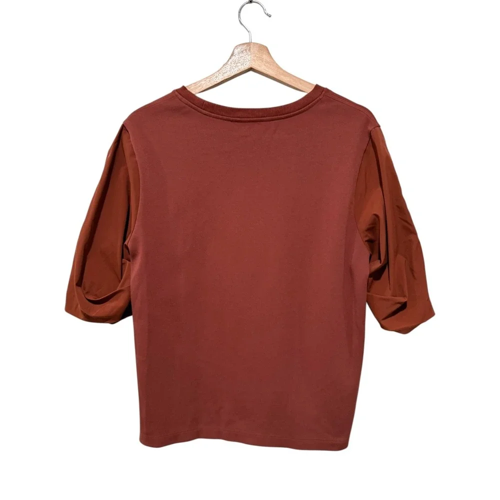 Athleta Harlow Hybrid Shirt Women Sz S Oversized Rust Red Puff Sleeve Crewneck